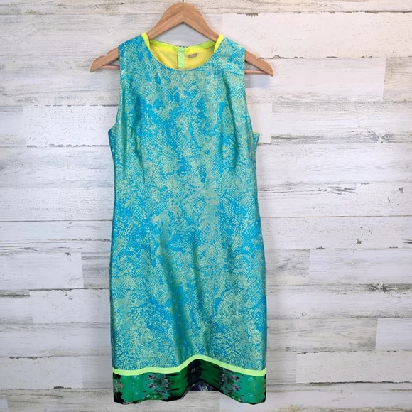 Elie Tahari Silk Blend Iridescent Teal and Green Sleeveless Sheath Dress Sz 10 - Picture 10 of 16